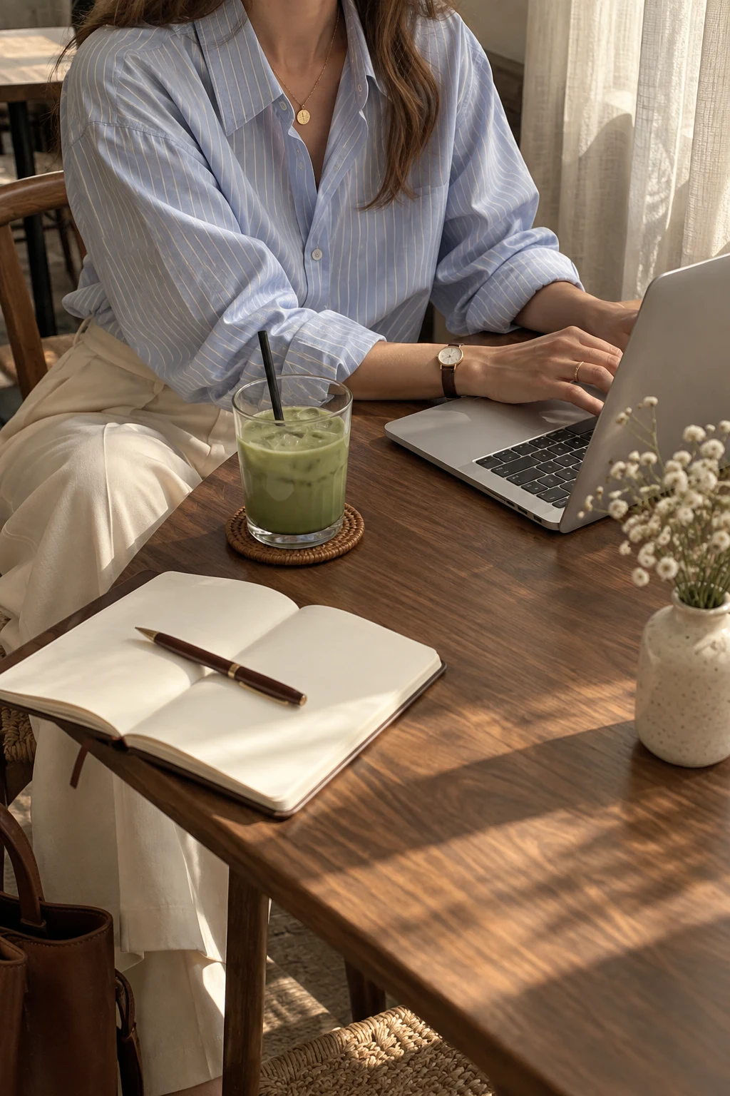 A quiet café moment: working on a laptop with matcha and an open notebook