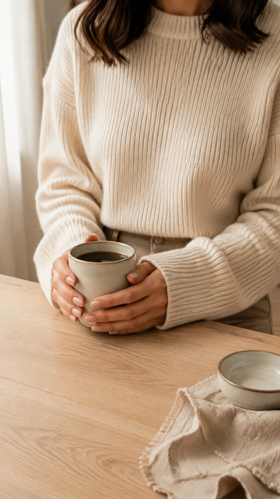 Hands around a coffee cup in a soft morning light